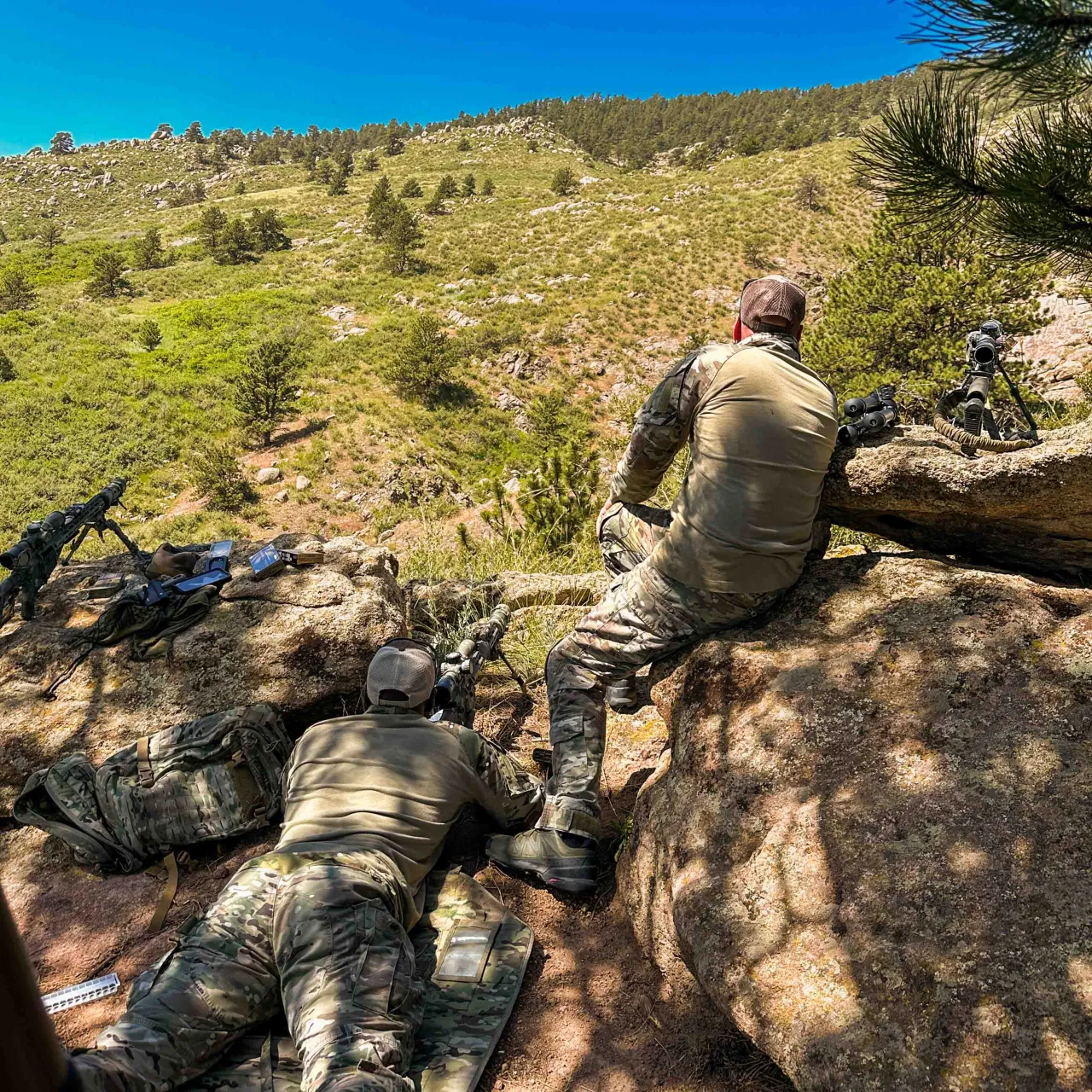 Shooters positioned on rocks and in the prone on a sunny, green mountain hillside