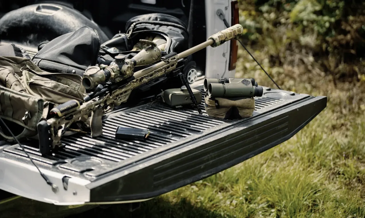 Precision rifle, rangefinder and gear laid out on a pickup truck tailgate